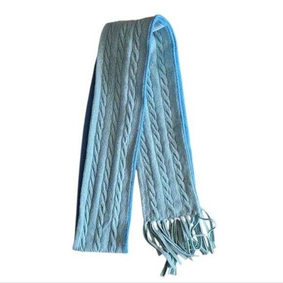 Ann Taylor 100% Cashmere Scarf Soft Blue Cable Knit Fringe Wrap Quiet Luxury - Picture 15 of 16